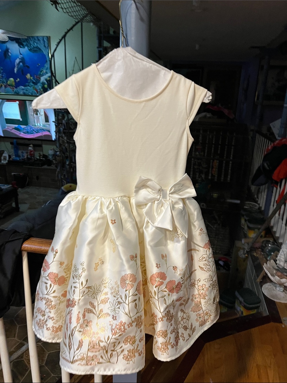 Girls Ivory Floral Satin Party Dress with Bow